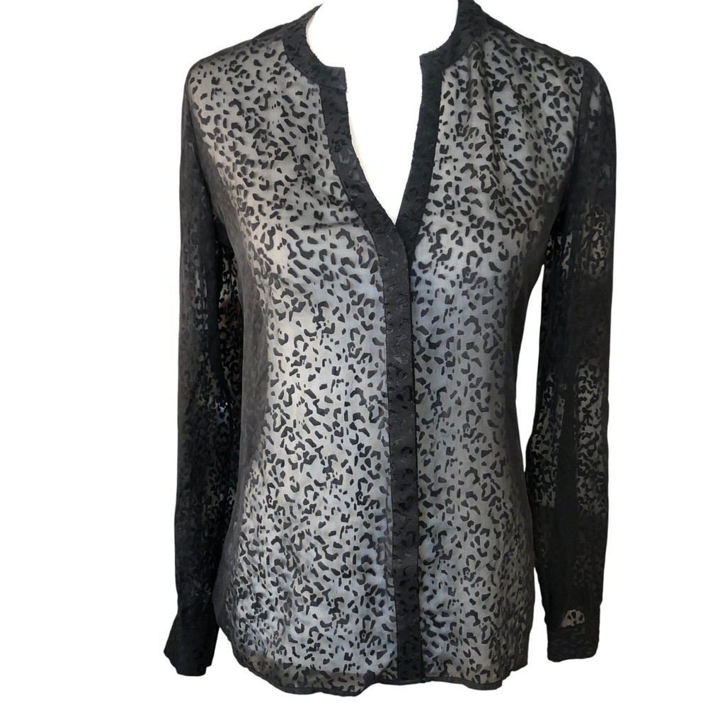 Theory Sheer Silk Blend Black Flocked Minimalist Elegant Dressy Blouse $395 0T